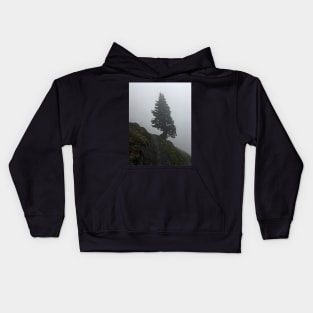 Solitary tree on a misty mountain top Kids Hoodie